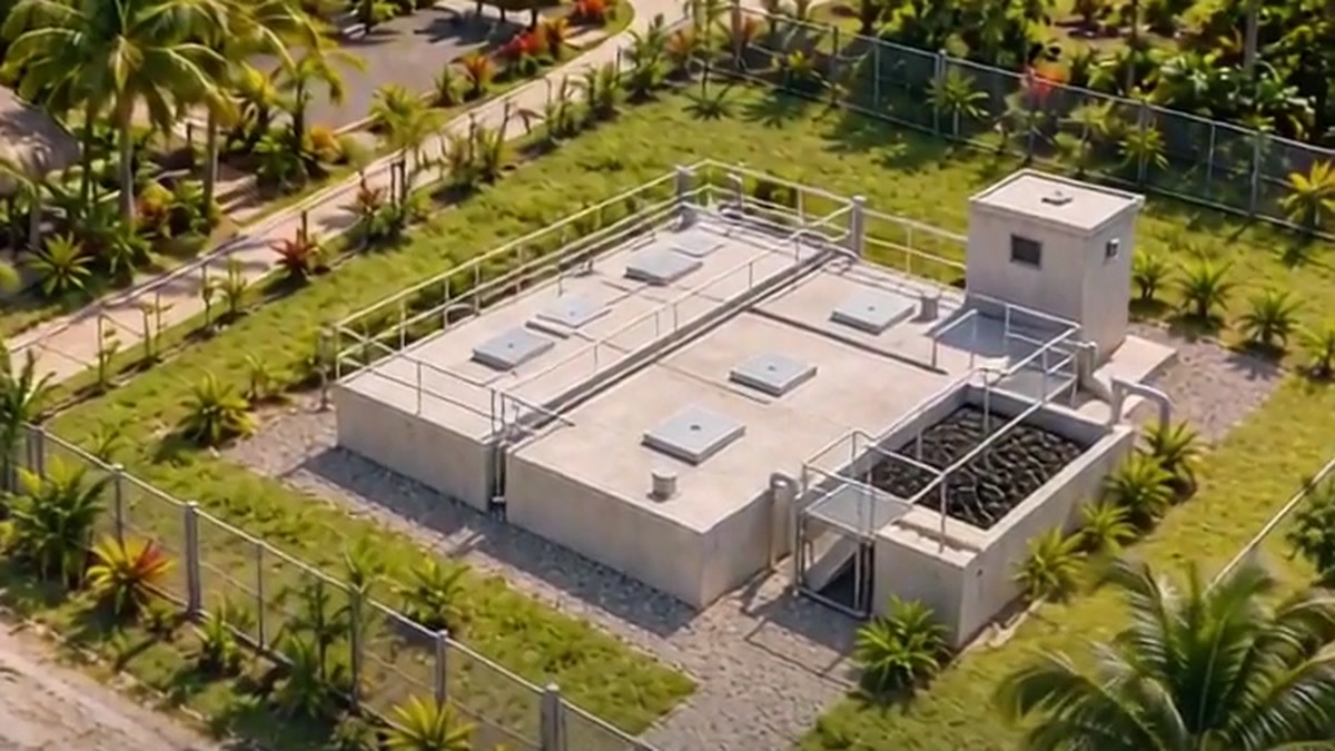 Visualización conceptual de una planta compacta de tratamiento de aguas residuales, con tanques, biofiltro y accesos de mantenimiento.
