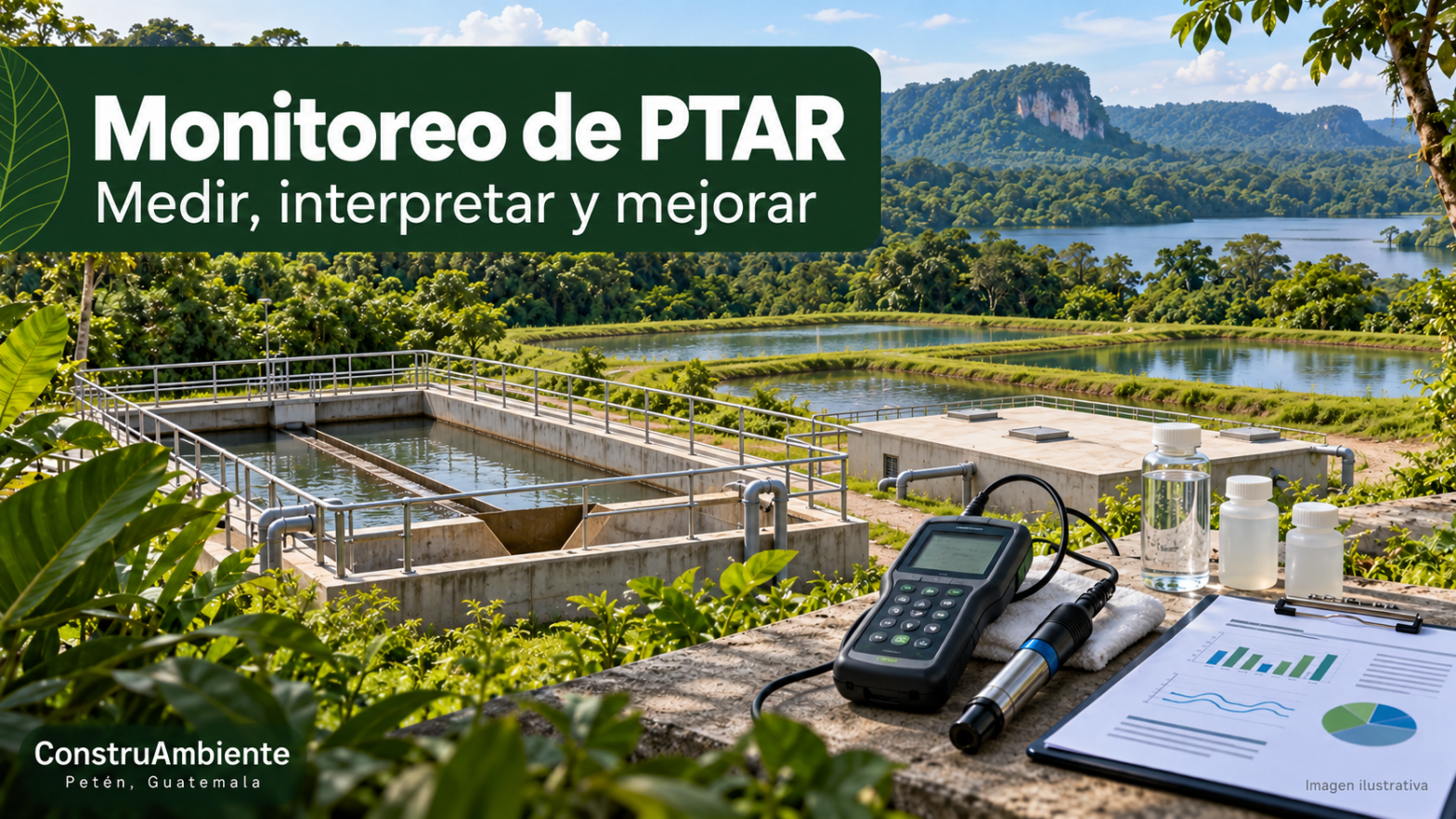 Ilustración de un tanque Imhoff, un reactor anaerobio y lagunas de oxidación, con equipo portátil de medición y un informe de resultados.