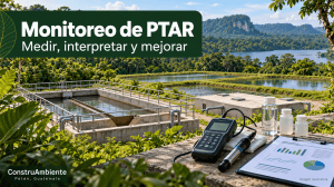 Ilustración de un tanque Imhoff, un reactor anaerobio y lagunas de oxidación, con equipo portátil de medición y un informe de resultados.