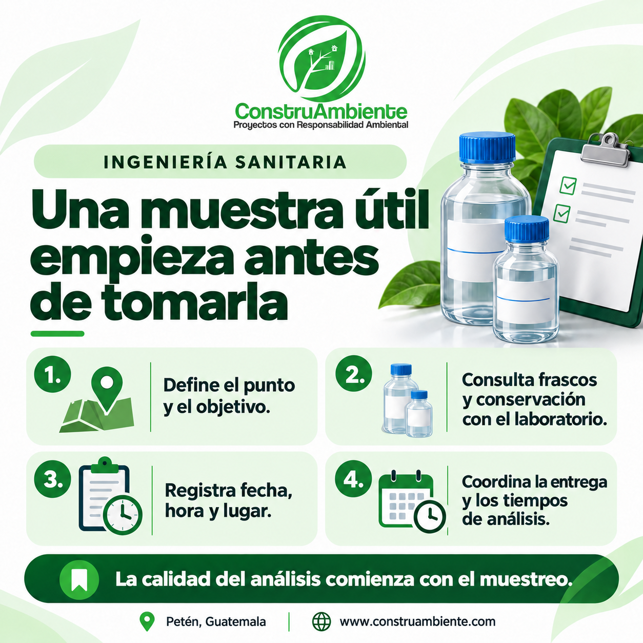 Planificación del muestreo de aguas residuales: objetivo, recipientes y conservación, registro y entrega al laboratorio.